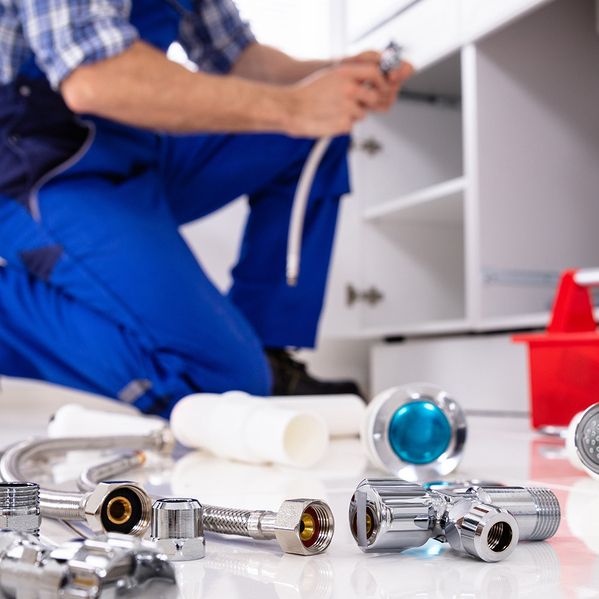 Eine Person im Blaumann, die eine Wasserleitung wechselt.